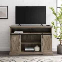 Transitional Sliding Barndoor Highboy TV Stand For TVs Up To 58" - Saracina Home -Dream Home Shop GUEST 36bb9b85 ffb1 46e0 b0d8 822e73b5b63d