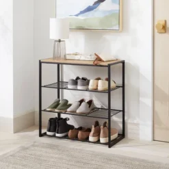 4 Tier Shoe Rack Black Metal With Natural Wood - Brightroomâ˘
