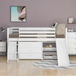 Low Twin Loft Bed With Bookcase, Separate Three Drawers, Pulling Ladder And Slide - ModernLuxe