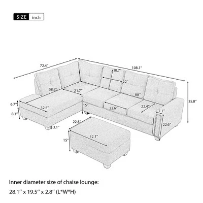 108" Reversible L-Shape Sectional Sofa Couch With Storage Ottoman-ModernLuxe 4 108" Reversible L-Shape Sectional Sofa Couch With Storage Ottoman-ModernLuxe - Image 2
