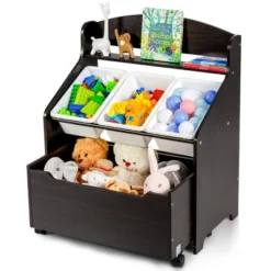 Costway Kids Wooden Toy Storage Unit Organizer W/Rolling Toy Box & Plastic Bins NaturalEspresso -Dream Home Shop GUEST 80f5cdc8 b56c 40a6 9518 1678a6f77403