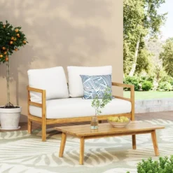 2pc Ellendale Outdoor Acacia Wood Loveseat & Coffee Table Teak/White - Christopher Knight Home -Dream Home Shop GUEST 9ddc2f44 7148 4835 9506 0e11e536546a