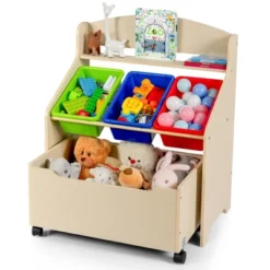 Costway Kids Wooden Toy Storage Unit Organizer W/Rolling Toy Box & Plastic Bins NaturalEspresso -Dream Home Shop GUEST b1538226 2c79 451e 9800 9bc4afb4832c