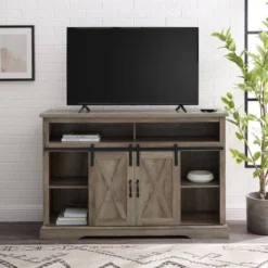 Transitional Sliding Barndoor Highboy TV Stand For TVs Up To 58" - Saracina Home -Dream Home Shop GUEST d93bcb01 6b73 4caa 92df 0c0c138da9a4