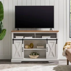 Transitional Sliding Barndoor Highboy TV Stand For TVs Up To 58" - Saracina Home -Dream Home Shop GUEST dd9ce182 82e2 4e7a a263 00af007d0202