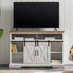 Transitional Sliding Barndoor Highboy TV Stand For TVs Up To 58" - Saracina Home -Dream Home Shop GUEST e952740e 70ac 42e4 a86c 65befa0e8542